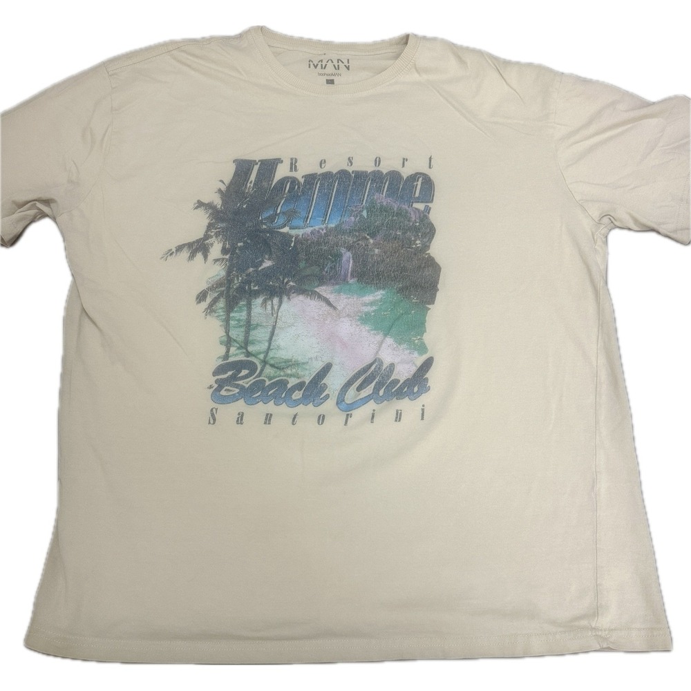 BoohooMAN Mens Santorini Beach Club Graphic T-Shirt XL Cream Oversized Resort